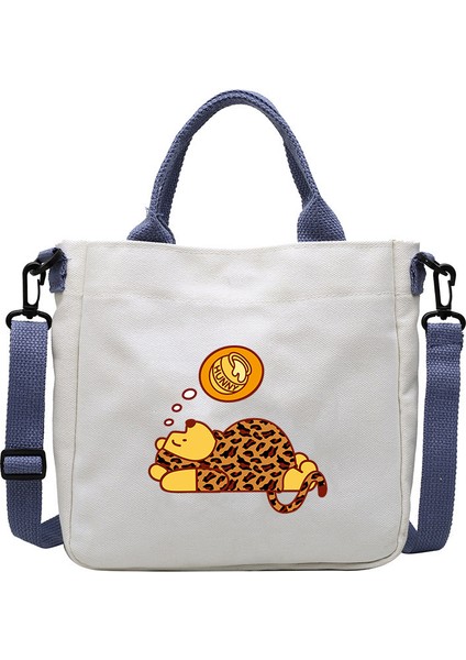 Karikatür Desen Ayı Kanvas Çanta Öğrenci Omuz Çantası Crossbody Çanta Çıkarılabilir Omuz Askısı Çanta Tote Çanta (Yurt Dışından)
