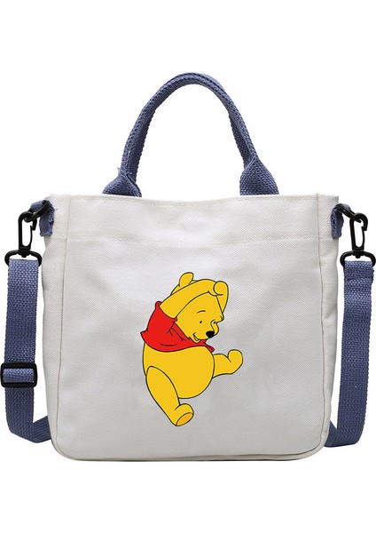 Karikatür Desen Ayı Kanvas Çanta Öğrenci Omuz Çantası Crossbody Çanta Çıkarılabilir Omuz Askısı Çanta Tote Çanta (Yurt Dışından)