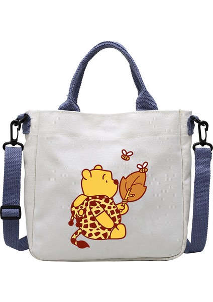 Karikatür Desen Ayı Kanvas Çanta Öğrenci Omuz Çantası Crossbody Çanta Çıkarılabilir Omuz Askısı Çanta Tote Çanta (Yurt Dışından)