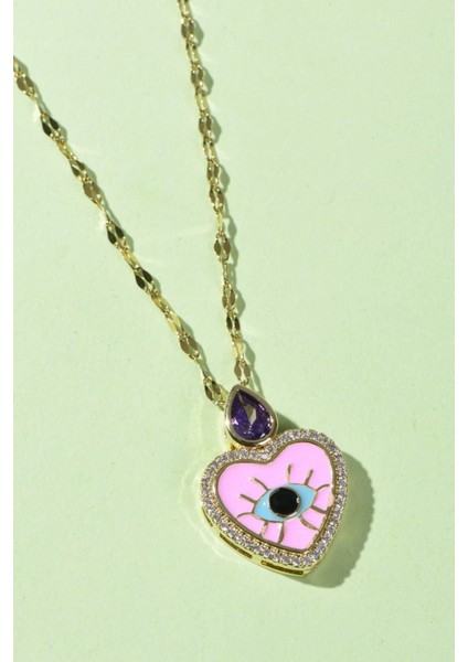 Pink Heart With You Göz Desenli Kolye Altın Rengi