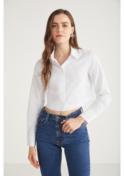 Ethiquet Sintia Kadın Slim Fit Crop Likralı Poplin Beyaz Gömlek