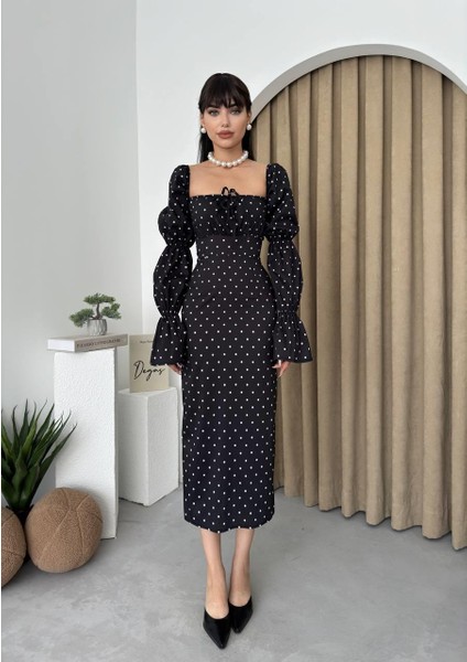 Ince Puantiyeli Poplin Uzun Elbise