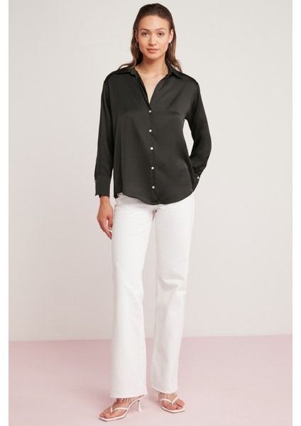 Yvonne Kadın Saten Kumaşlı Regular Fit Uzun Kollu Siyah Gömlek indirimleri