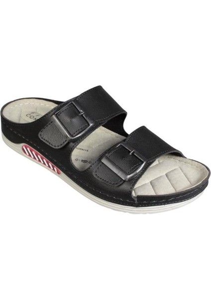 Yazkış Erkek Siyah Cilt Cift Bantlı Tokalı Comfort Rahat Taban Terlik