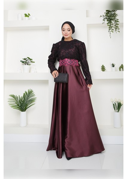 Dantelli Saten Tesettür Abiye Elbise 2133