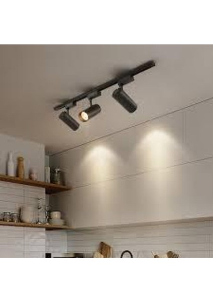 Siyah 3lü Dekoratif 30W Set Hazır Tak Çalıştır Beyaz Işık 1mt Ray Spot 6500K 30W