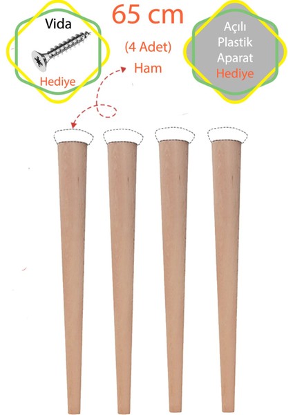 Ham 4 Adet Lüks 65 cm Konik Ahşap Masa Ayağı Çap: 4,2 cm Hobi Dıy (Vida ve Aparatlarıyla Birlikte)