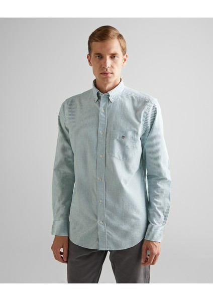 Erkek Yeşil Regular Fit Düğmeli Yaka Çizgili Oxford Gömlek 3000230.373