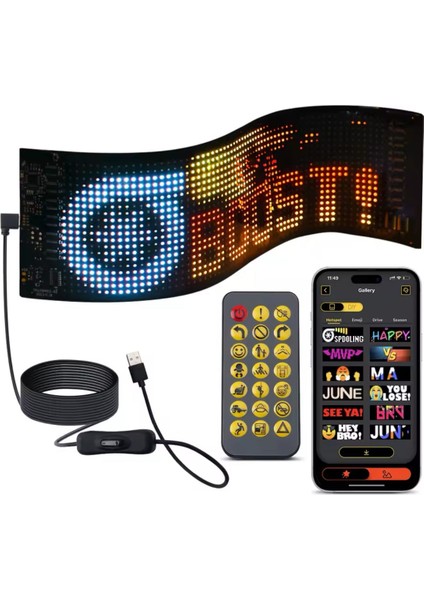 Araç Car LED Ekran Kişiselleştirilebilir Telefon App Kontrollü Uzaktan Kumandalı Kayan Yazı Emoji LED Matrix Panel