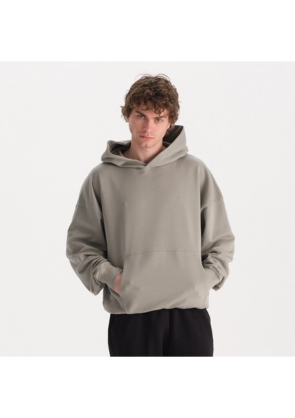 Erkek Gri %100 Organik Pamuk Kanguru Cepli Kapüşonlu Oversize Sweatshirt