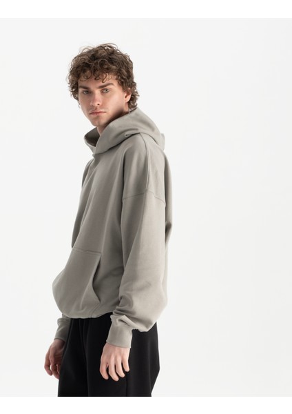 Erkek Gri %100 Organik Pamuk Kanguru Cepli Kapüşonlu Oversize Sweatshirt