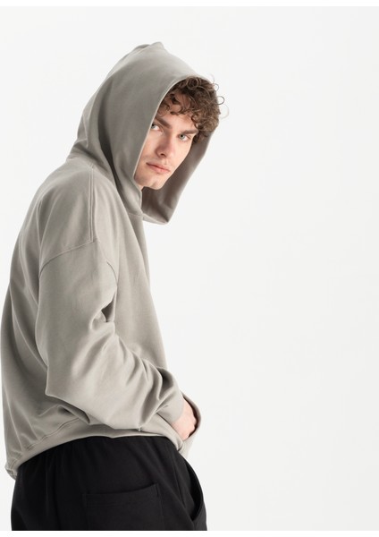 Erkek Gri %100 Organik Pamuk Kanguru Cepli Kapüşonlu Oversize Sweatshirt