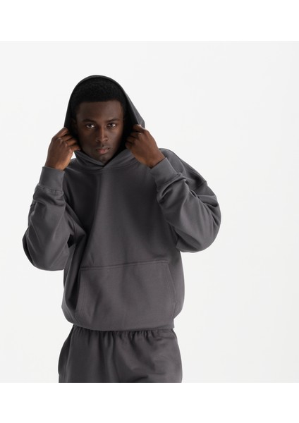Erkek Füme %100 Organik Pamuk Kanguru Cepli Kapüşonlu Oversize Sweatshirt