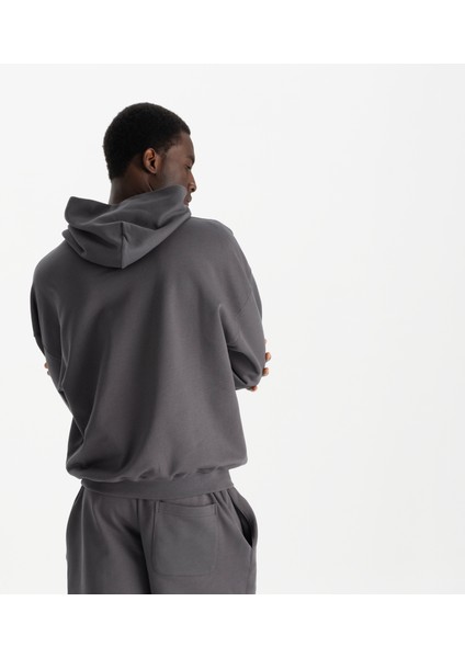Erkek Füme %100 Organik Pamuk Kanguru Cepli Kapüşonlu Oversize Sweatshirt