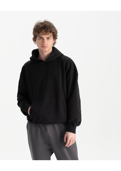 Erkek Siyah %100 Organik Pamuk Kanguru Cepli Kapüşonlu Oversize Sweatshirt