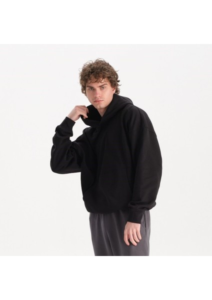 Erkek Siyah %100 Organik Pamuk Kanguru Cepli Kapüşonlu Oversize Sweatshirt