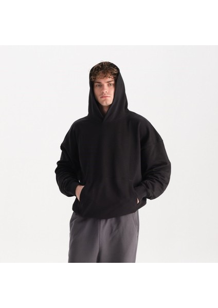 Erkek Siyah %100 Organik Pamuk Kanguru Cepli Kapüşonlu Oversize Sweatshirt