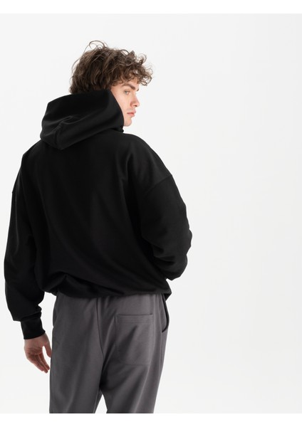 Erkek Siyah %100 Organik Pamuk Kanguru Cepli Kapüşonlu Oversize Sweatshirt