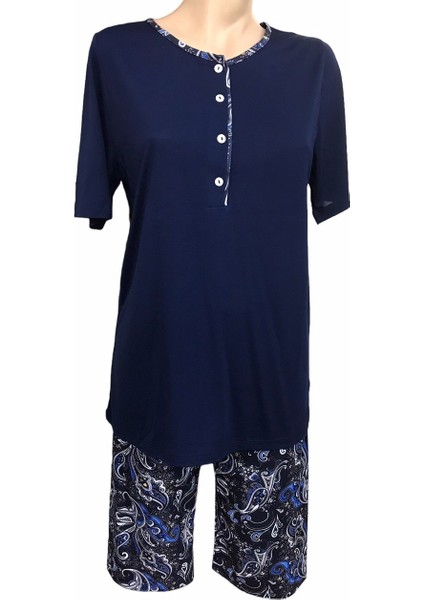 NENA-26306-Kadın Kısa Kollu Patlı % 100 Pamuk Viskon Kapri Pijama Takımı