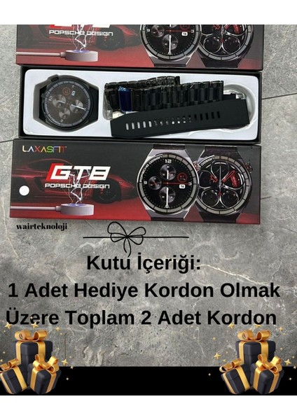 Gt8 Porsche Tasarımı Akıllı Saat Bluetooth Bağlantılı Kablosuz Şarj Kordon Hediyeli 46MM