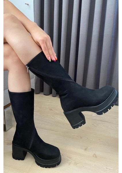 Kadın Gabri Siyah Süet Döner Fermuarlı Çizme fiyatları