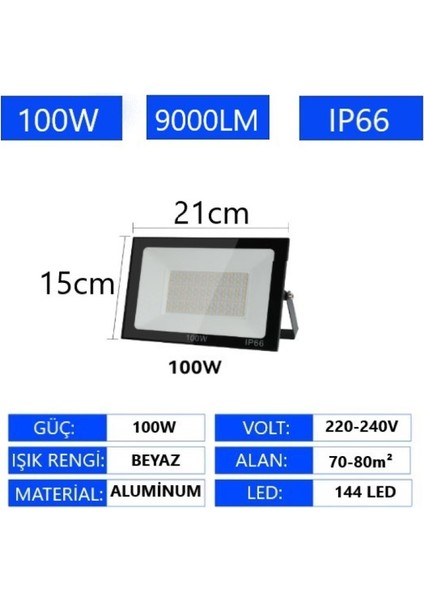 1 Adet LED Işık Projektör 100W Beyaz Işık 6500K 9000LM Bahçe Duvar Yol Aydınlatma Dış&iç Mekan