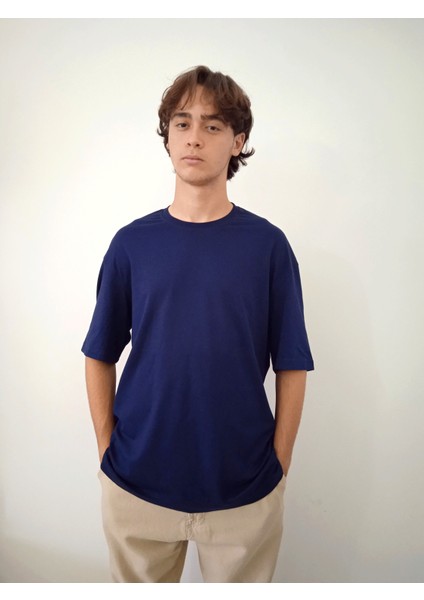 Erkek Pamuklu Nefes Alan Yumuşacık Oversize Basic Lacivert Tshirt
