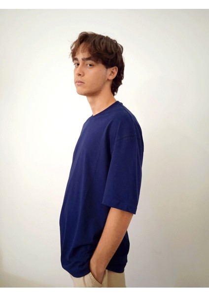 Erkek Pamuklu Nefes Alan Yumuşacık Oversize Basic Lacivert Tshirt