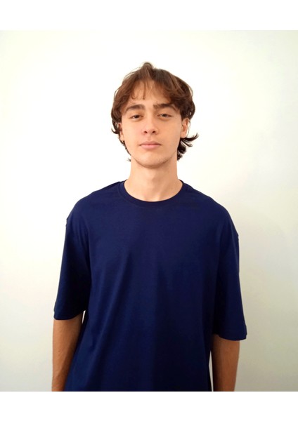 Erkek Pamuklu Nefes Alan Yumuşacık Oversize Basic Lacivert Tshirt