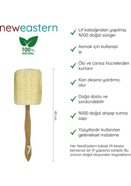 Doğal Kabak Lifi Sopalı Sünger Bitkisel Banyo Kesesi, Vegan - 40 cm