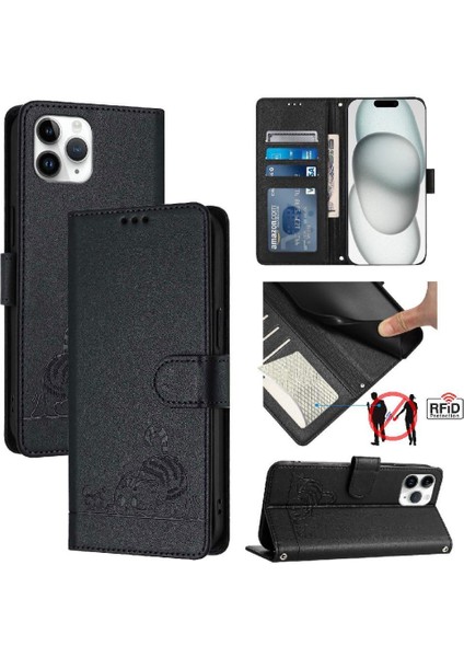 IPhone 11 Için Kılıf Pro Kart Yuvası Tutucu Kickstand Kedi Rfıd Cüzdan Flip (Yurt Dışından)