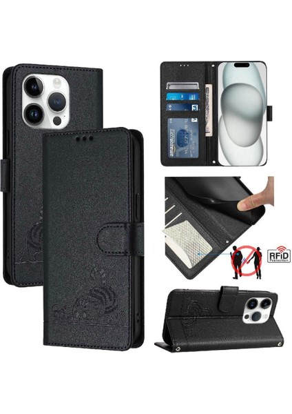 IPhone 14 Için Kılıf Pro Max Kedi Rfıd Kart Yuvası Tutucu Kickstand Cüzdan Flip (Yurt Dışından)