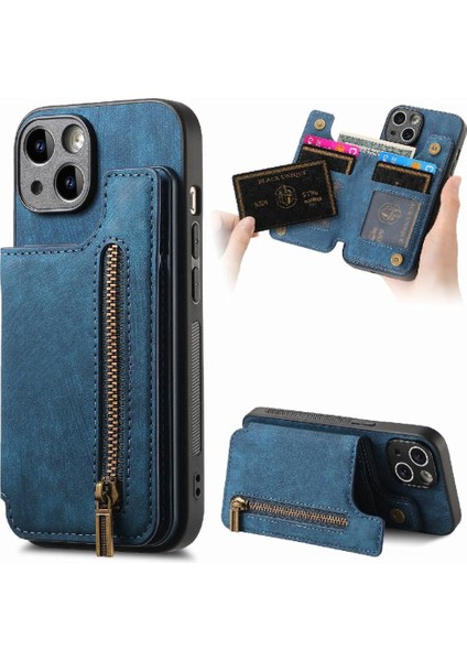 IPhone 15 Için Kılıf Artı Standı Fonksiyonu Vintage Fermuar Cüzdan Katlanabilir Geri (Yurt Dışından)