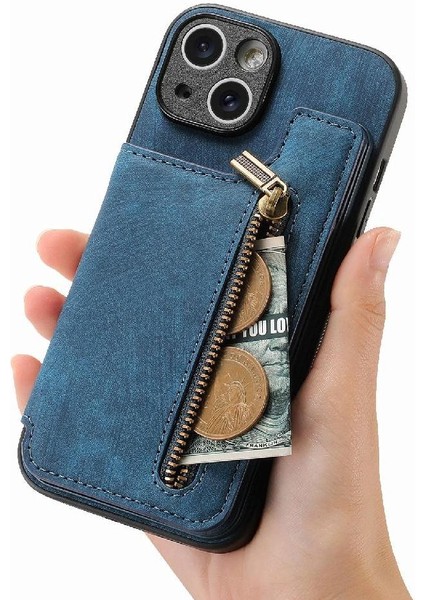 IPhone 15 Için Kılıf Artı Standı Fonksiyonu Vintage Fermuar Cüzdan Katlanabilir Geri (Yurt Dışından)