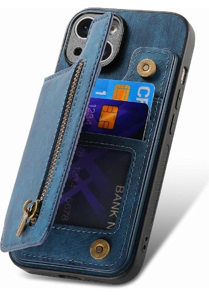 IPhone 15 Için Kılıf Artı Standı Fonksiyonu Vintage Fermuar Cüzdan Katlanabilir Geri (Yurt Dışından)