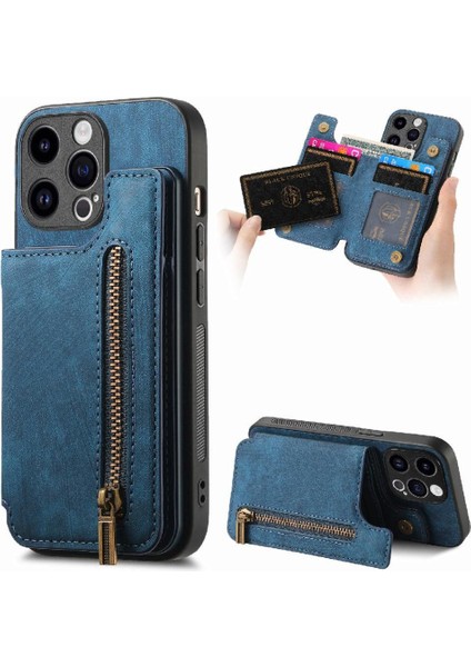 IPhone 15 Için Kılıf Pro Max Vintage Fermuar Cüzdan Standı Fonksiyonu Katlanabilir (Yurt Dışından)