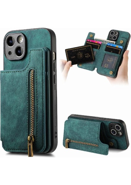 IPhone 15 Için Kılıf Katlanabilir Arka Kapak Vintage Fermuar Cüzdan Standı Fonksiyonu (Yurt Dışından)