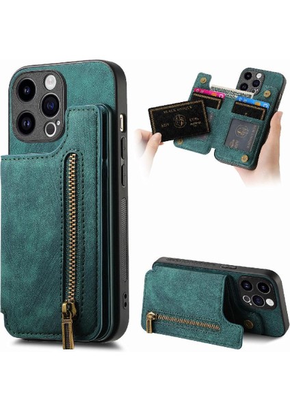 IPhone 15 Için Kılıf Pro Vintage Fermuar Cüzdan Standı Fonksiyonu Katlanabilir Geri (Yurt Dışından)