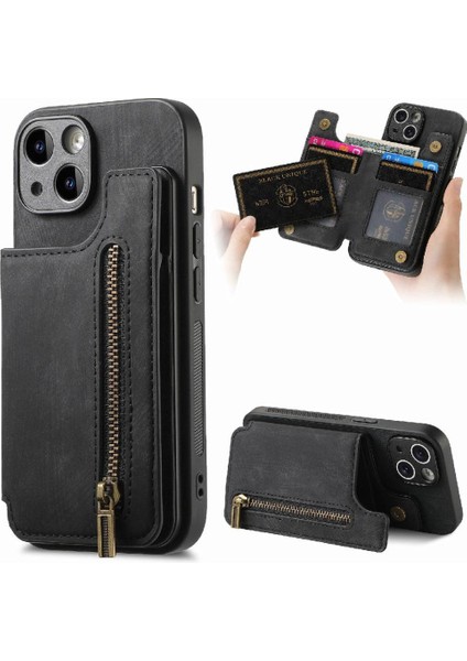 IPhone 15 Için Kılıf Artı Standı Fonksiyonu Vintage Fermuar Cüzdan Katlanabilir Geri (Yurt Dışından)