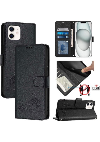 IPhone 12 Mini Kedi Rfıd Cüzdan Kapak Çevirin Kart Yuvası Tutucu (Yurt Dışından)