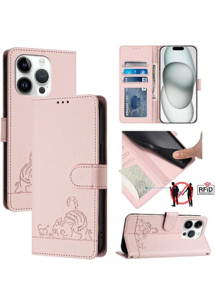 IPhone 14 Için Kılıf Pro Max Kedi Rfıd Kart Yuvası Tutucu Kickstand Cüzdan Flip (Yurt Dışından)