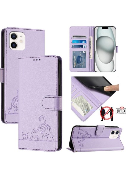 IPhone 12 Mini Kedi Rfıd Cüzdan Kapak Çevirin Kart Yuvası Tutucu (Yurt Dışından)
