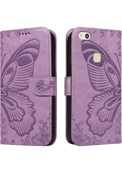 Huawei P10 Lite Için Flip Case Kabartmalı Kelebek ile Yüksek Kaliteli Deri (Yurt Dışından)