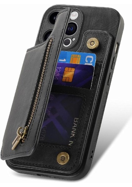 IPhone 15 Için Kılıf Pro Vintage Fermuar Cüzdan Standı Fonksiyonu Katlanabilir Geri (Yurt Dışından)