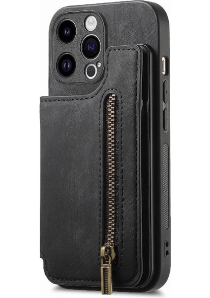 IPhone 15 Için Kılıf Pro Vintage Fermuar Cüzdan Standı Fonksiyonu Katlanabilir Geri (Yurt Dışından)