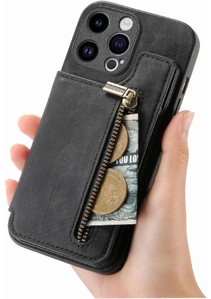 IPhone 15 Için Kılıf Pro Vintage Fermuar Cüzdan Standı Fonksiyonu Katlanabilir Geri (Yurt Dışından)
