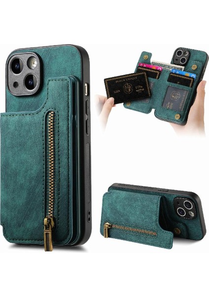 IPhone 15 Için Kılıf Artı Standı Fonksiyonu Vintage Fermuar Cüzdan Katlanabilir Geri (Yurt Dışından)