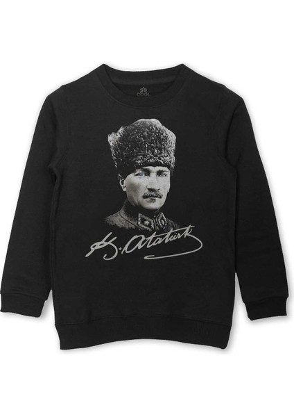 Atatürk Gazi Mustafa Kemal Kalpaklı Baskılı Çocuk Sweatshirt Siyah Sweat