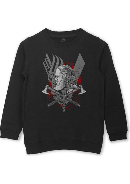 Vikings Ragnar Lothbrok Vikingler Savaşçı Baskılı Çocuk Sweatshirt Siyah Sweat