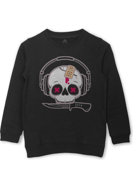Müzik Dinleyen Kuru Kafa Kulaklık Bıçak Yara Bandı Skull Baskılı Çocuk Sweatshirt Siyah Sweat